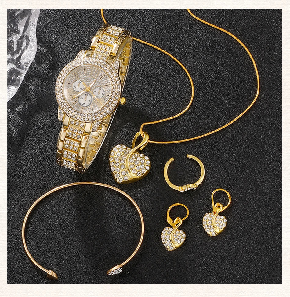 TrenLux Wear Women's Rhinestone Quartz Watch & Jewellery Set — Ring, Necklace & Earrings Luxury Gift