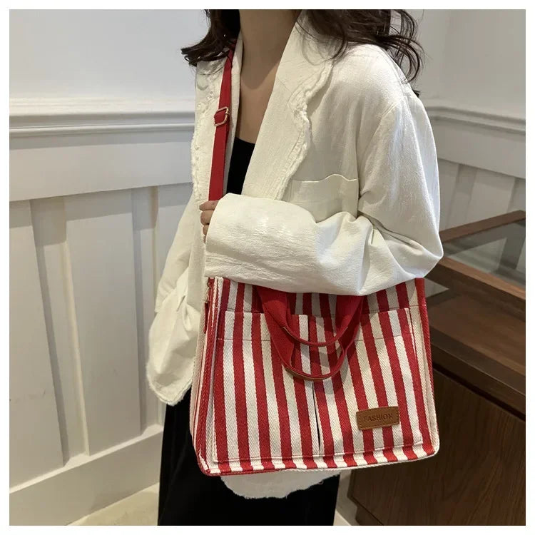 TrenLux Wear Women's Large Capacity Striped Canvas Versatile Commuter & Travel Tote Shoulder Bag