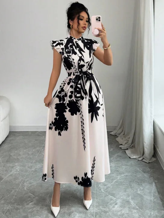 TrenLux Wear Women's Polyester Black & White Patchwork Sash Ball Gown Dress