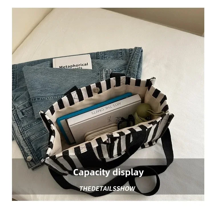 TrenLux Wear Women's Large Capacity Striped Canvas Versatile Commuter & Travel Tote Shoulder Bag