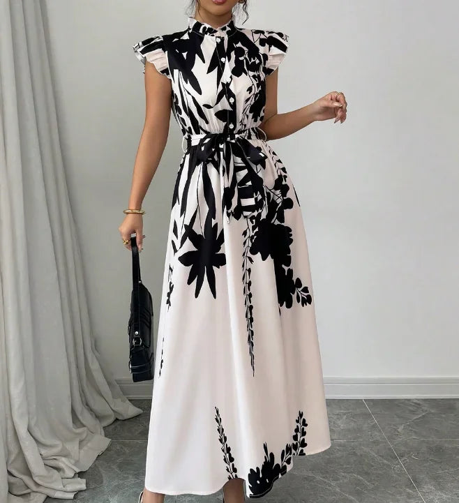 TrenLux Wear Women's Polyester Black & White Patchwork Sash Ball Gown Dress