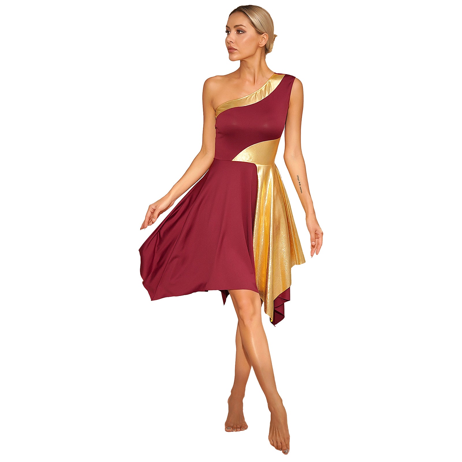 TrenLux Wear Women's Polyester-Spandex One-Shoulder Metallic Lyrical Dance Worship Dress