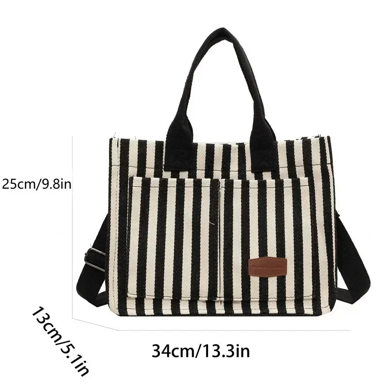 TrenLux Wear Women's Large Capacity Striped Canvas Versatile Commuter & Travel Tote Shoulder Bag