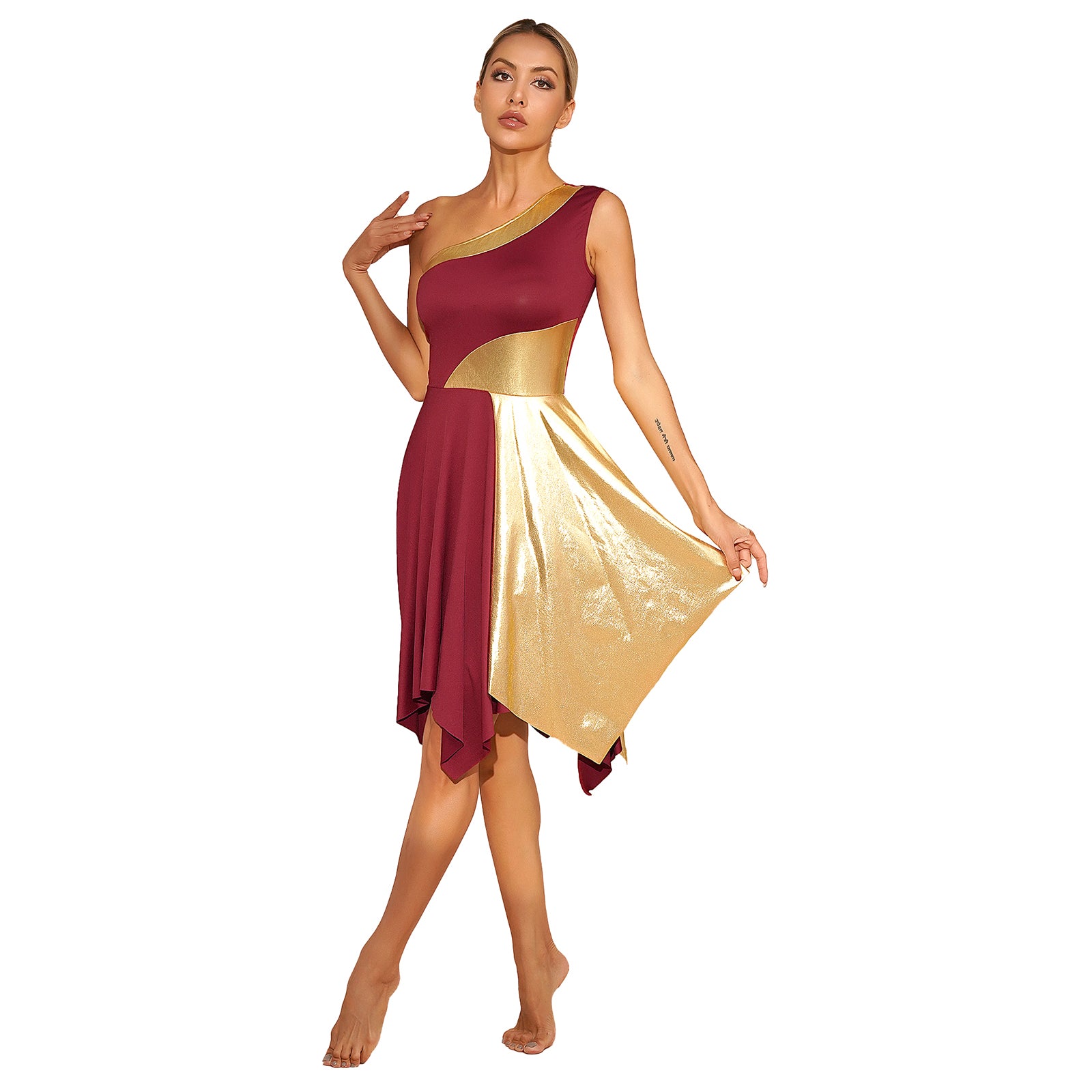 TrenLux Wear Women's Polyester-Spandex One-Shoulder Metallic Lyrical Dance Worship Dress