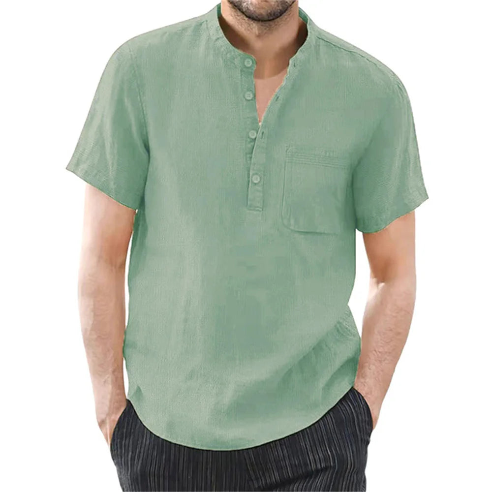 TrenLux Wear Men's Cotton-Linen Short Sleeve Casual Summer Shirt
