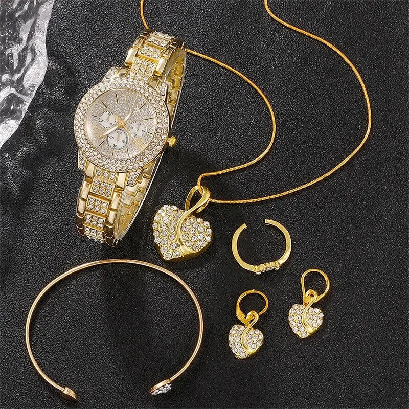 TrenLux Wear Women's Rhinestone Quartz Watch & Jewellery Set — Ring, Necklace & Earrings Luxury Gift