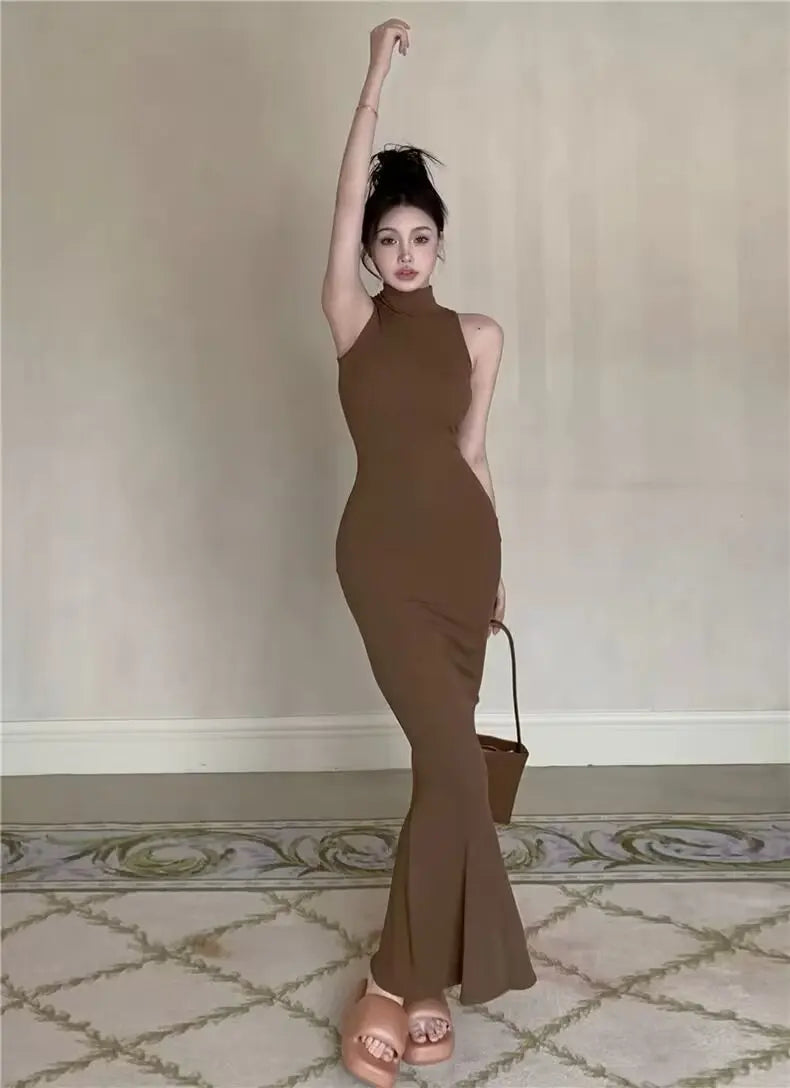 TrenLux Wear Women's Knit Turtleneck Bodycon Ankle-Length Maxi Dress