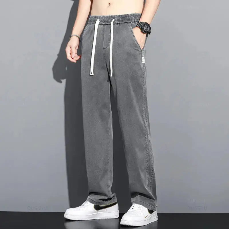 Summer Thin Soft Lyocell Fabric Jeans Men Loose Straight Wide Leg Pants Drawstring Elastic Waist Casual Trousers Plus Size M-5XL OUSSYU Official Store