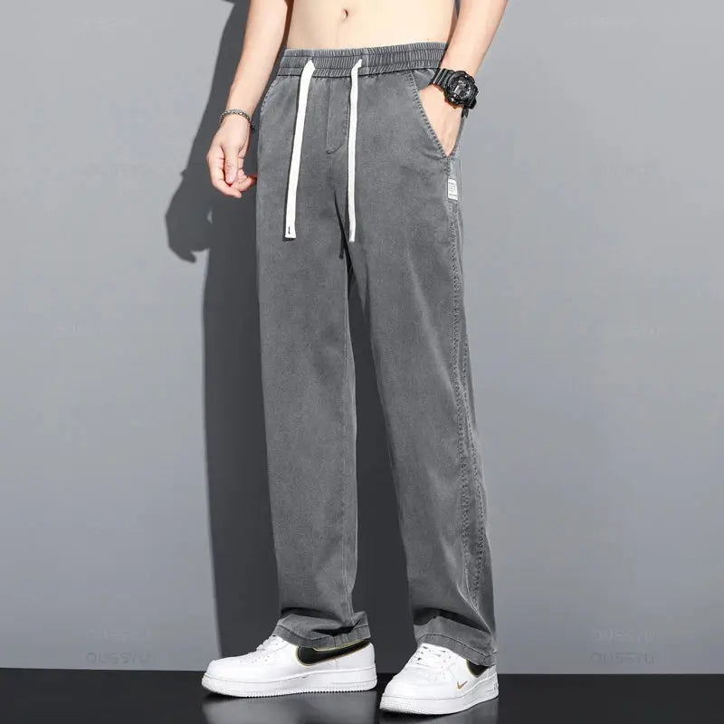 Summer Thin Soft Lyocell Fabric Jeans Men Loose Straight Wide Leg Pants Drawstring Elastic Waist Casual Trousers Plus Size M-5XL OUSSYU Official Store
