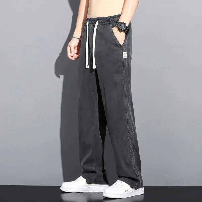Summer Thin Soft Lyocell Fabric Jeans Men Loose Straight Wide Leg Pants Drawstring Elastic Waist Casual Trousers Plus Size M-5XL OUSSYU Official Store