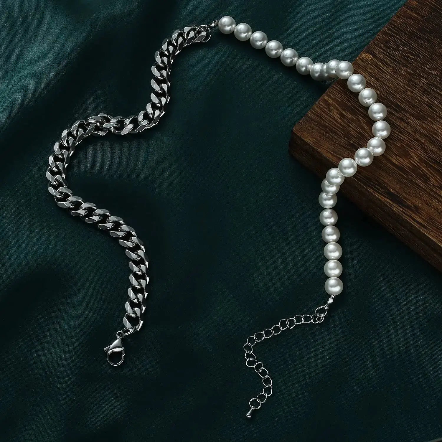 Men's Half Pearl Half Cuban Link Chain Necklace — Stainless Steel Silver Jewellery (43 cm) TrenLux Wear