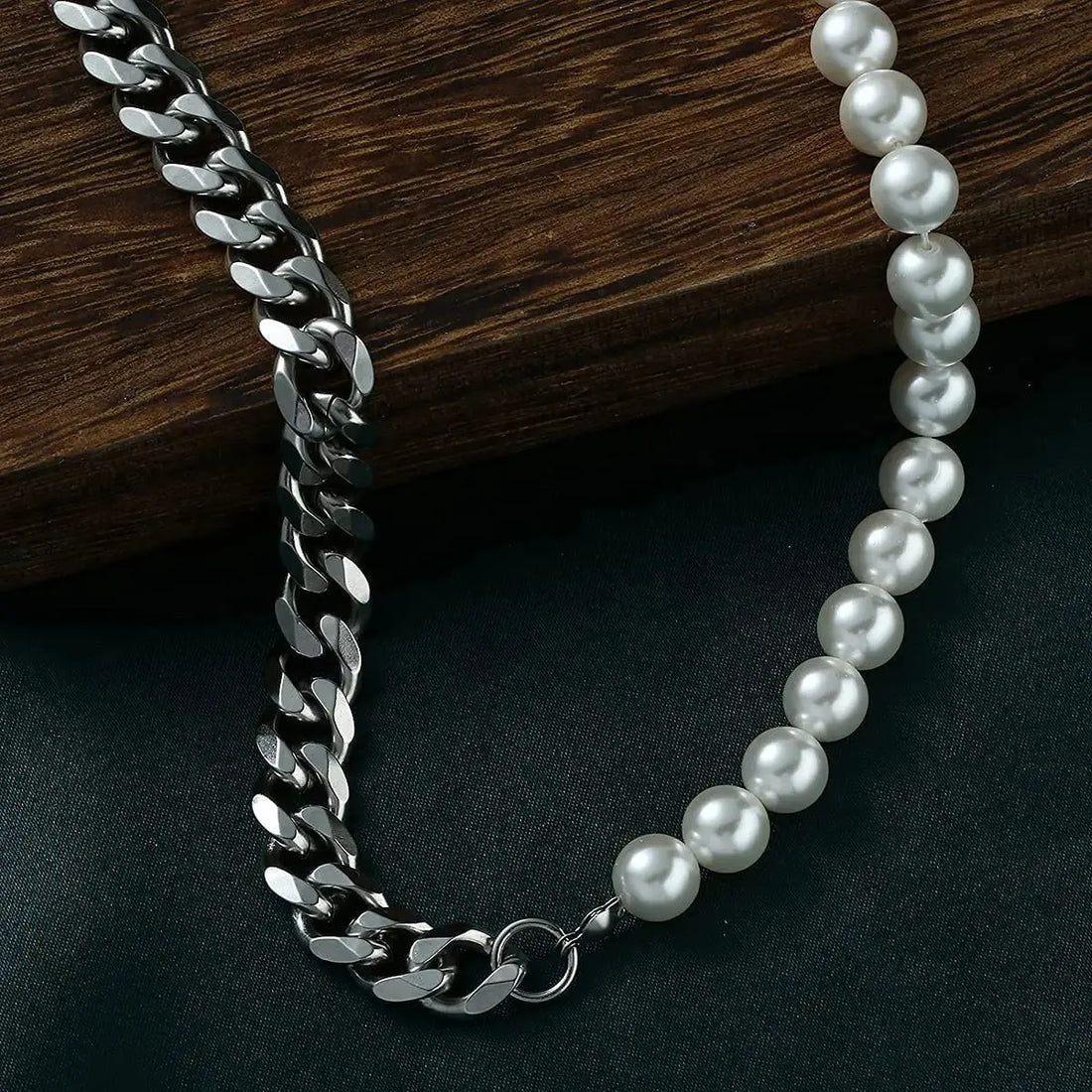 Men's Half Pearl Half Cuban Link Chain Necklace — Stainless Steel Silver Jewellery (43 cm) TrenLux Wear