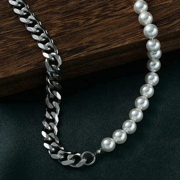 Men's Half Pearl Half Cuban Link Chain Necklace — Stainless Steel Silver Jewellery (43 cm) TrenLux Wear