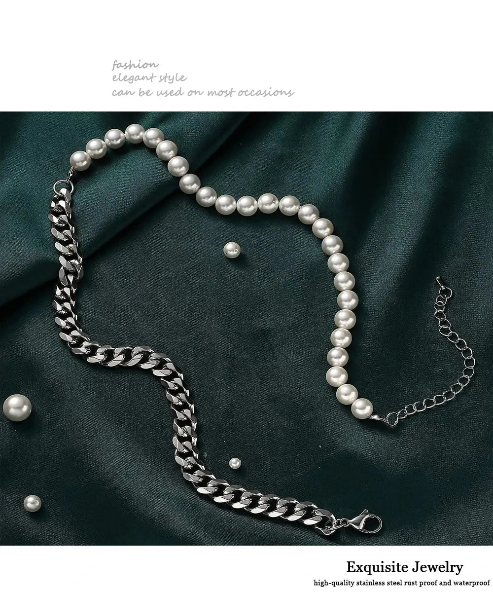 Men's Half Pearl Half Cuban Link Chain Necklace — Stainless Steel Silver Jewellery (43 cm) TrenLux Wear