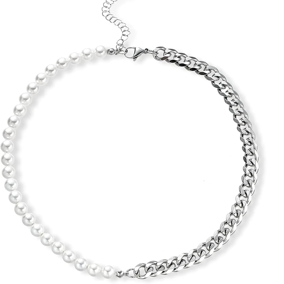 Men's Half Pearl Half Cuban Link Chain Necklace — Stainless Steel Silver Jewellery (43 cm) TrenLux Wear