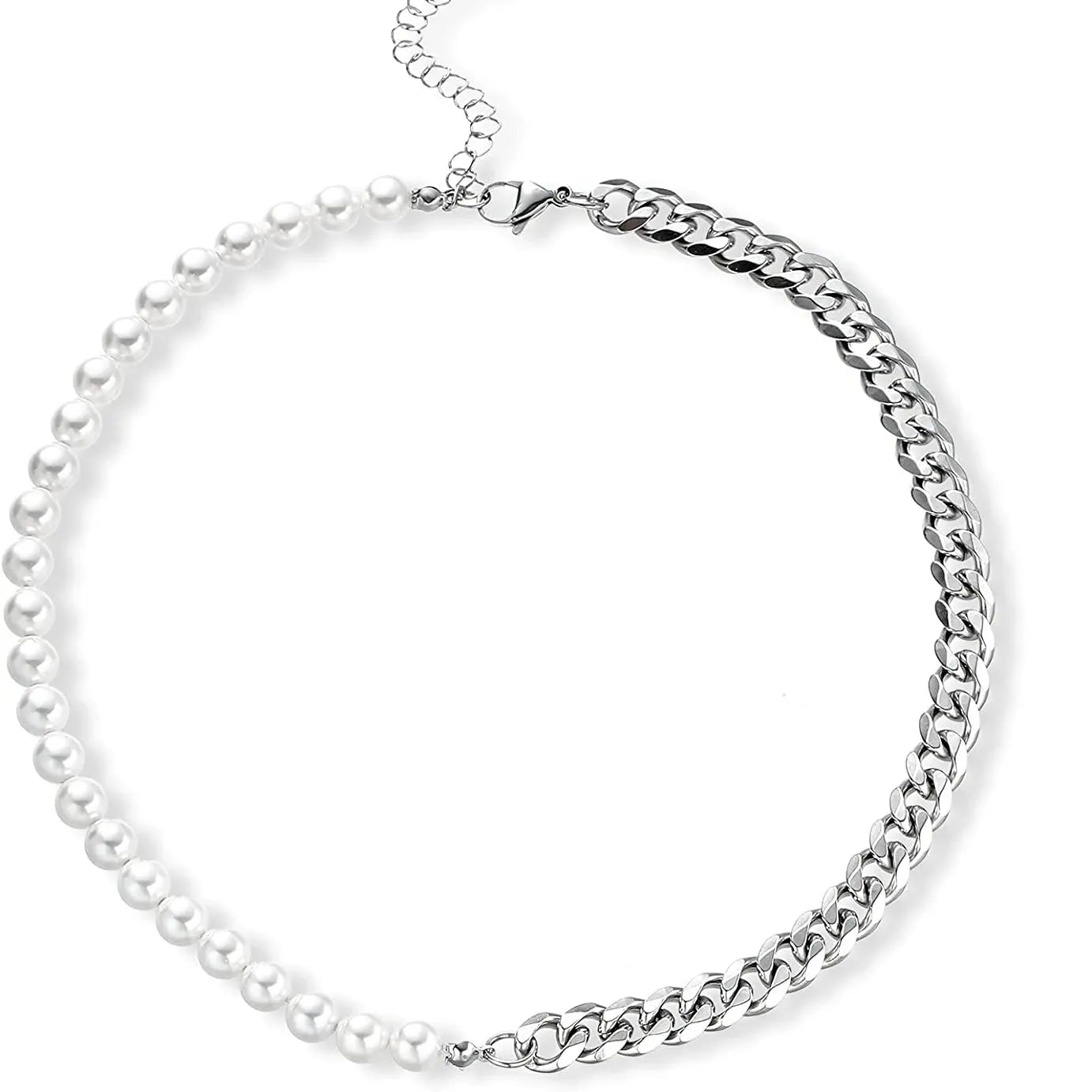 Men's Half Pearl Half Cuban Link Chain Necklace — Stainless Steel Silver Jewellery (43 cm) TrenLux Wear