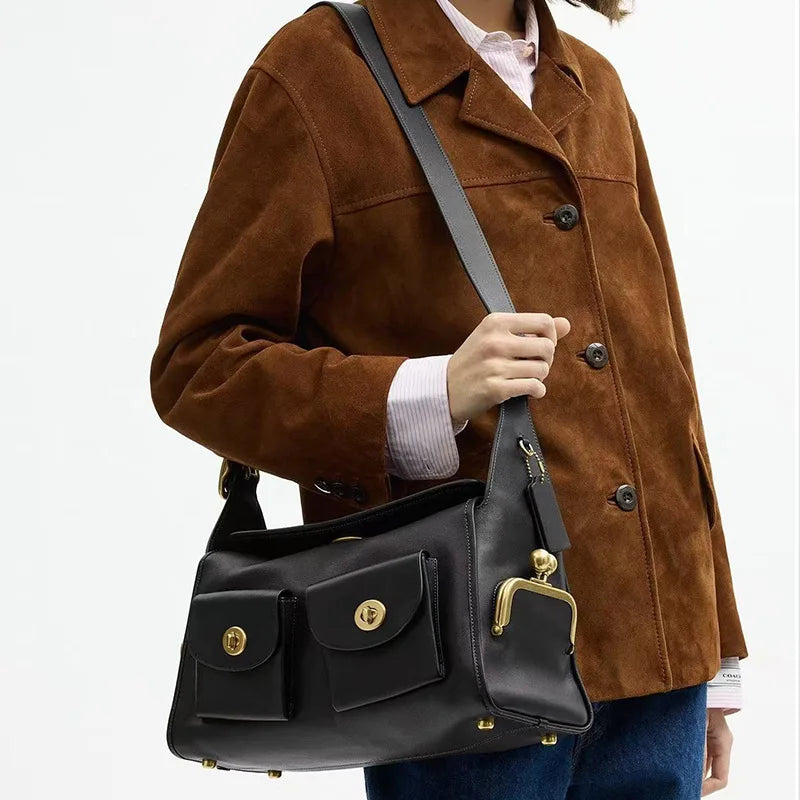 TrenLux Wear Women's Vintage PU Leather Large Capacity Multi-Pocket Zipper Commuting Shoulder Bag