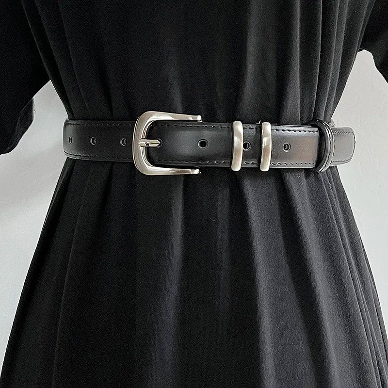 Women's Real Leather Jeans Belt — Metal Buckle Casual Waistband (104 cm)