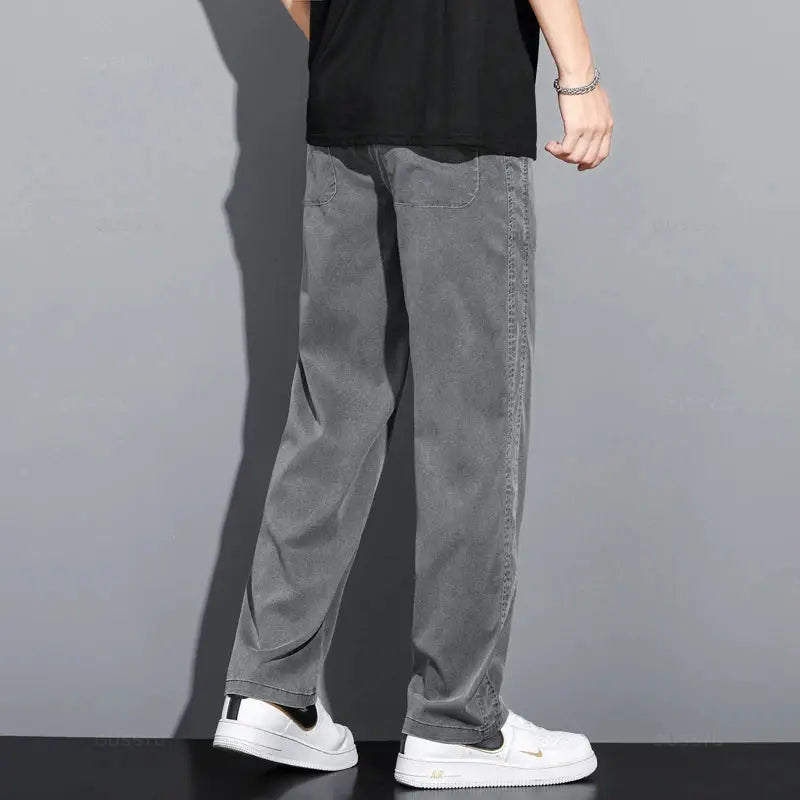 Summer Thin Soft Lyocell Fabric Jeans Men Loose Straight Wide Leg Pants Drawstring Elastic Waist Casual Trousers Plus Size M-5XL OUSSYU Official Store