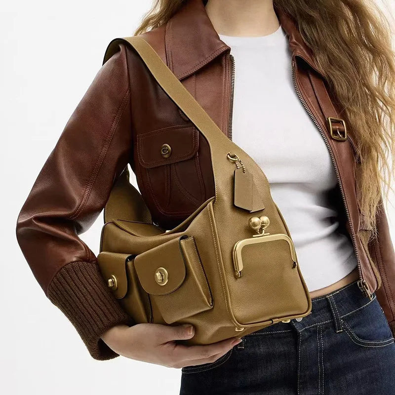 TrenLux Wear Women's Vintage PU Leather Large Capacity Multi-Pocket Zipper Commuting Shoulder Bag