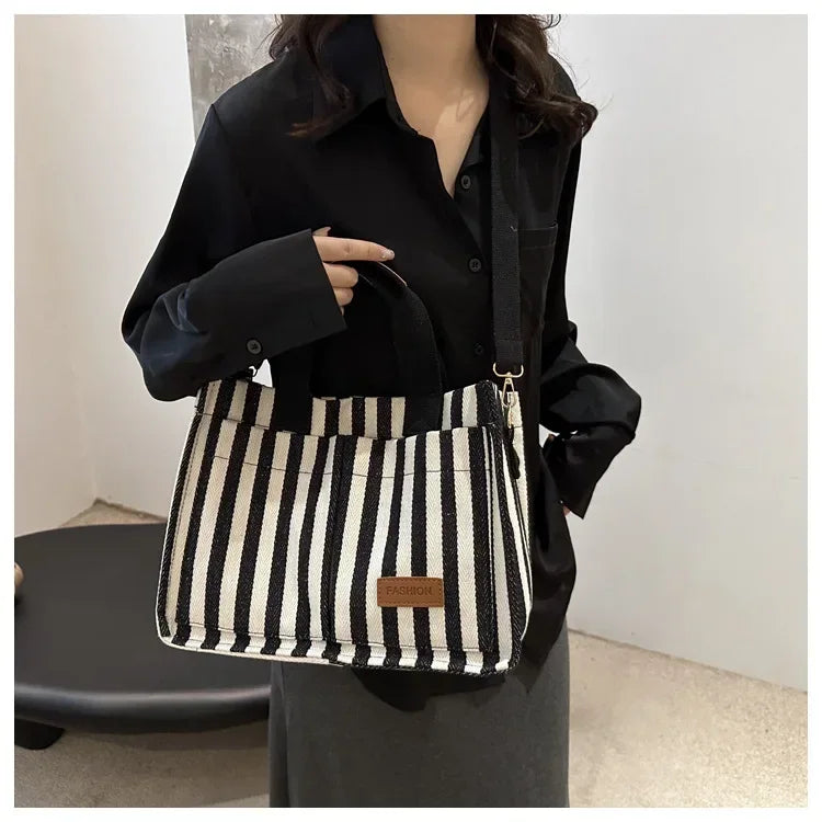 TrenLux Wear Women's Large Capacity Striped Canvas Versatile Commuter & Travel Tote Shoulder Bag