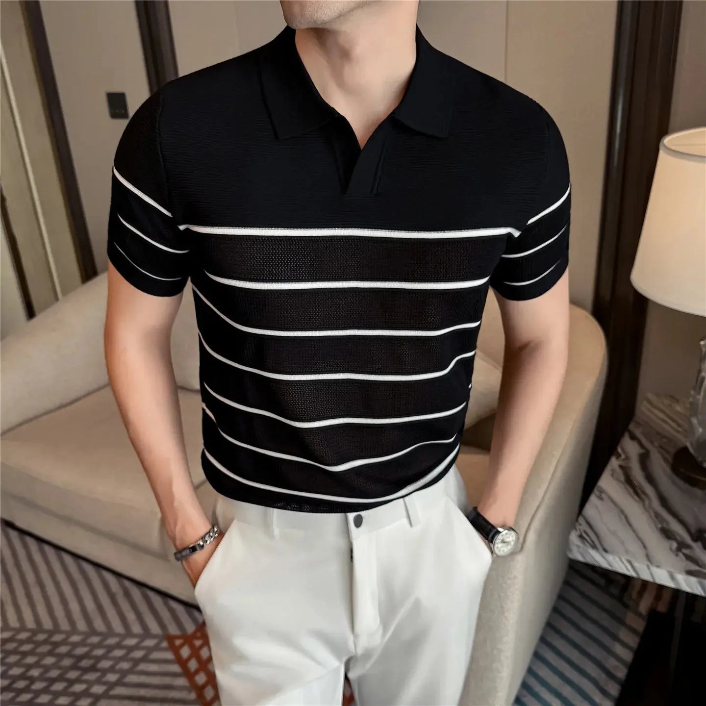 TrenLux Wear Men's Nylon-Viscose Slim-Fit Knitted Striped Turn-Down Collar T-Shirt The Glow Collective