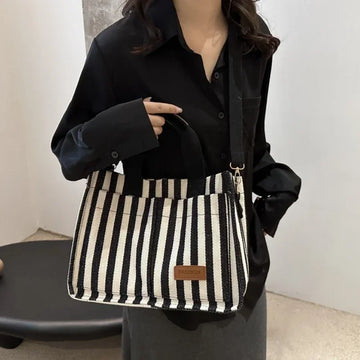 TrenLux Wear Women's Large Capacity Striped Canvas Versatile Commuter & Travel Tote Shoulder Bag