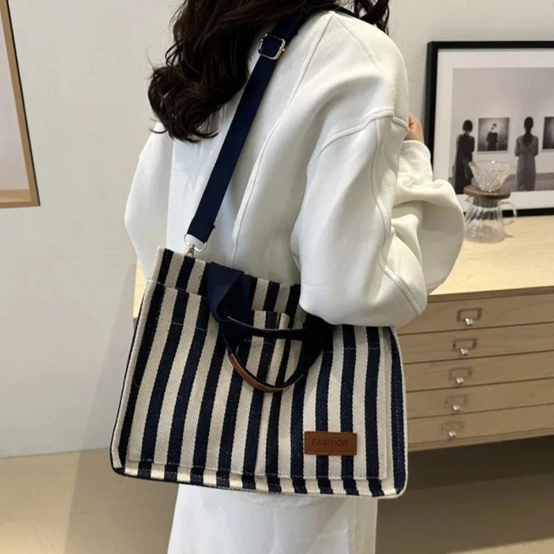 TrenLux Wear Women's Large Capacity Striped Canvas Versatile Commuter & Travel Tote Shoulder Bag