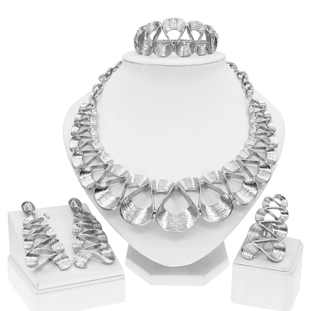 Women's Gold Plated Wavy Pendant Necklace & Earrings Set — Delicate Wedding & Holiday Jewellery