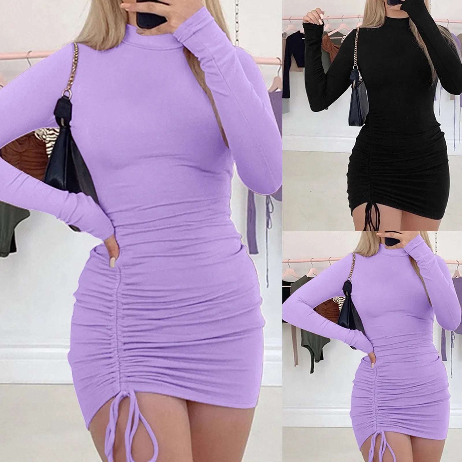 TrenLux Wear Women's Polyester-Spandex Drawstring O-Neck Bodycon Dress
