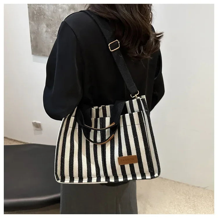 TrenLux Wear Women's Large Capacity Striped Canvas Versatile Commuter & Travel Tote Shoulder Bag