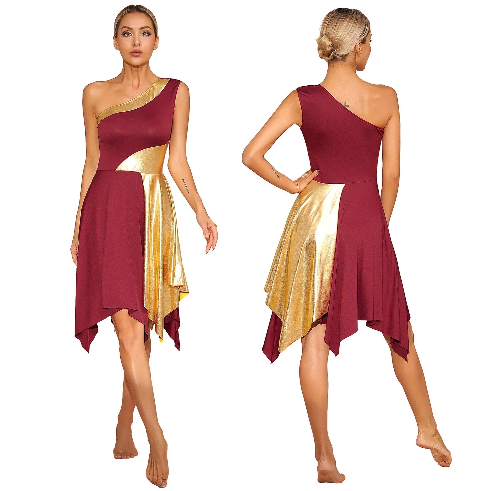TrenLux Wear Women's Polyester-Spandex One-Shoulder Metallic Lyrical Dance Worship Dress