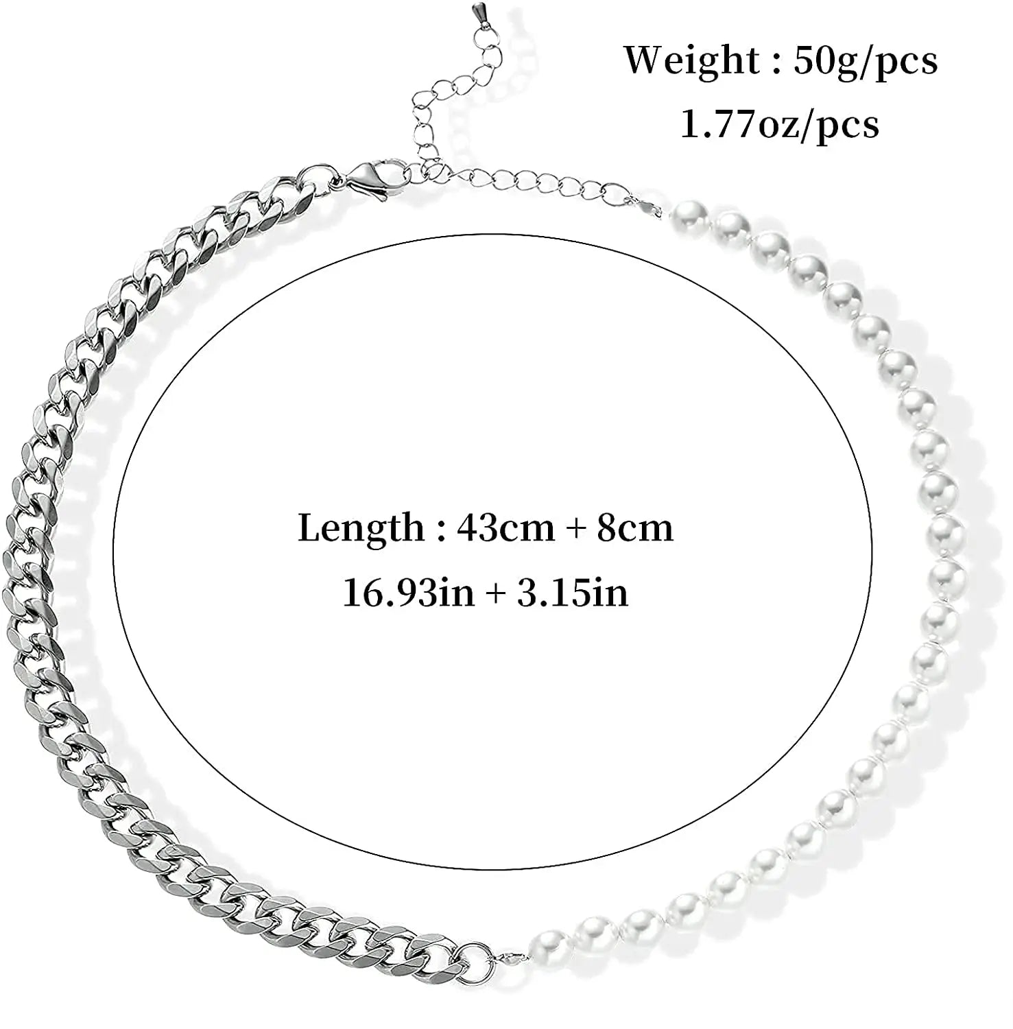 Men's Half Pearl Half Cuban Link Chain Necklace — Stainless Steel Silver Jewellery (43 cm) TrenLux Wear