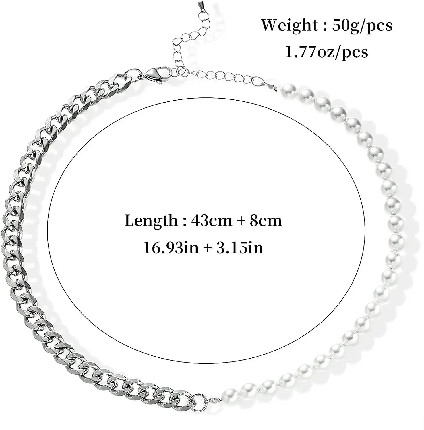 Men's Half Pearl Half Cuban Link Chain Necklace — Stainless Steel Silver Jewellery (43 cm) TrenLux Wear