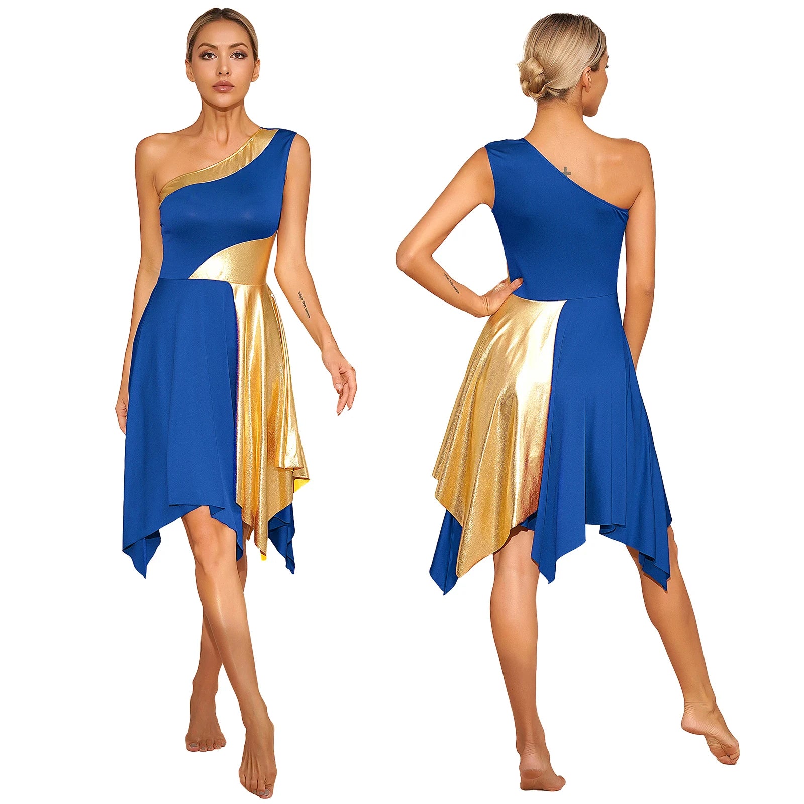 TrenLux Wear Women's Polyester-Spandex One-Shoulder Metallic Lyrical Dance Worship Dress