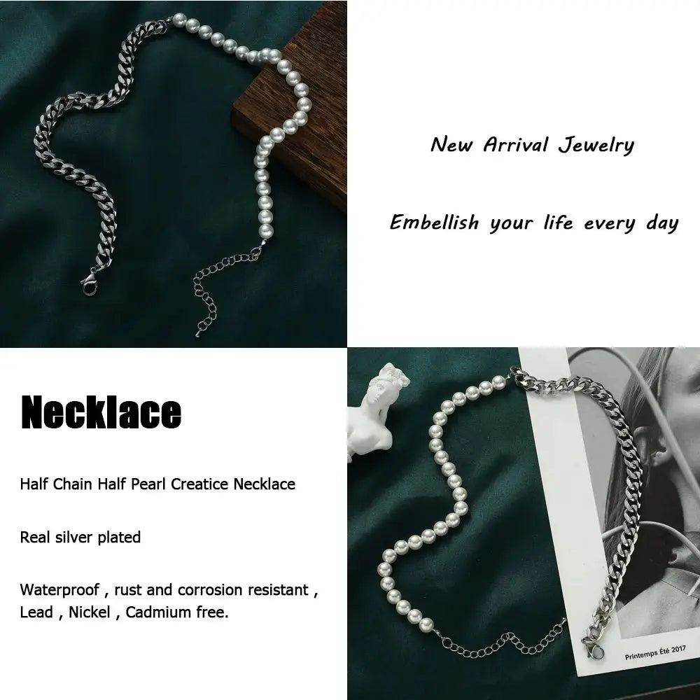 Men's Half Pearl Half Cuban Link Chain Necklace — Stainless Steel Silver Jewellery (43 cm) TrenLux Wear
