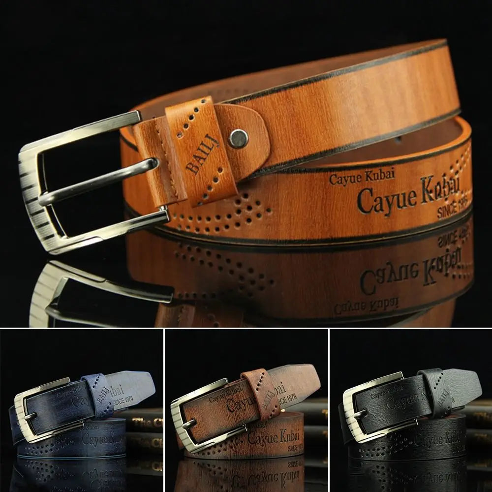 Men's Luxury Letter Print PU Leather Belt — Classic Buckle Cowboy Vintage Waistband (110 cm)