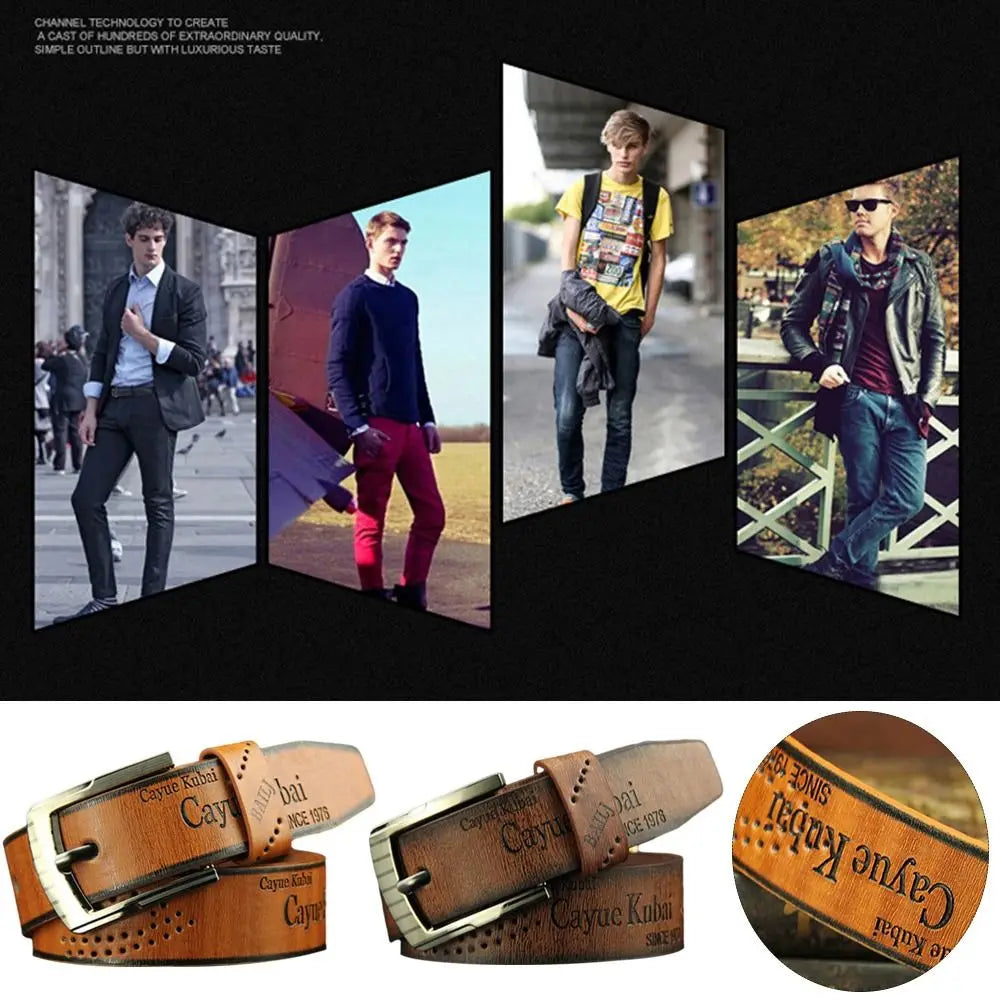 Men's Luxury Letter Print PU Leather Belt — Classic Buckle Cowboy Vintage Waistband (110 cm)