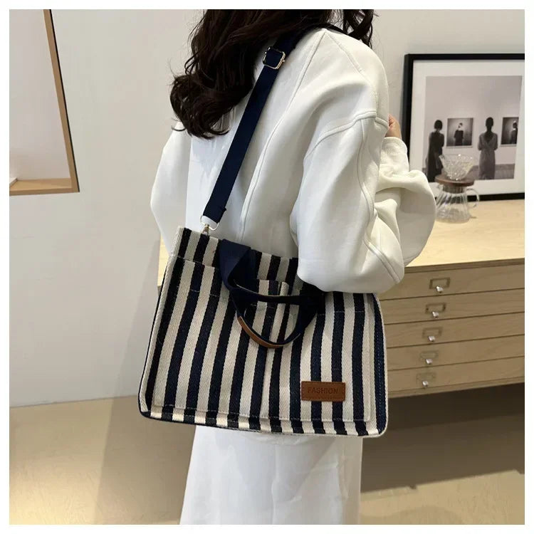 TrenLux Wear Women's Large Capacity Striped Canvas Versatile Commuter & Travel Tote Shoulder Bag