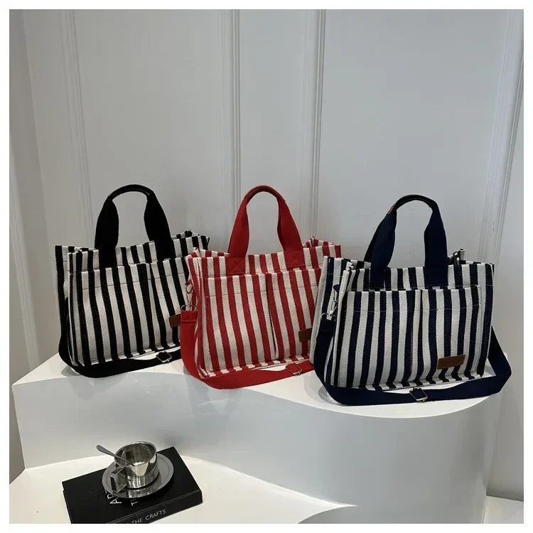 TrenLux Wear Women's Large Capacity Striped Canvas Versatile Commuter & Travel Tote Shoulder Bag