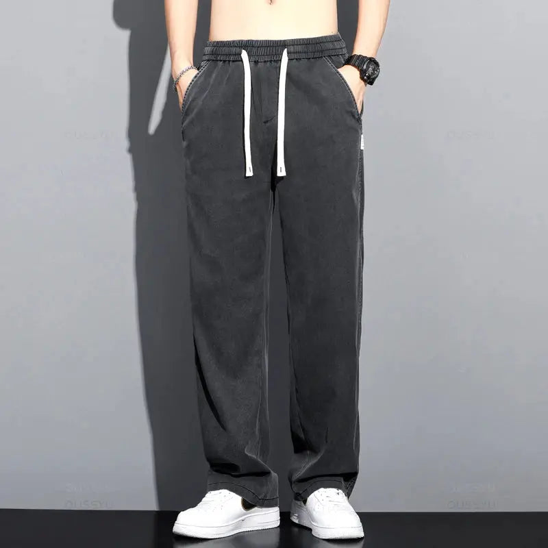 Summer Thin Soft Lyocell Fabric Jeans Men Loose Straight Wide Leg Pants Drawstring Elastic Waist Casual Trousers Plus Size M-5XL OUSSYU Official Store