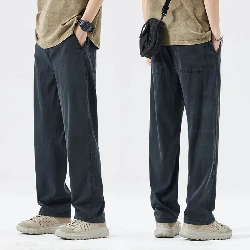 Summer Thin Soft Lyocell Fabric Jeans Men Loose Straight Wide Leg Pants Drawstring Elastic Waist Casual Trousers Plus Size M-5XL OUSSYU Official Store