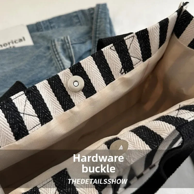 TrenLux Wear Women's Large Capacity Striped Canvas Versatile Commuter & Travel Tote Shoulder Bag