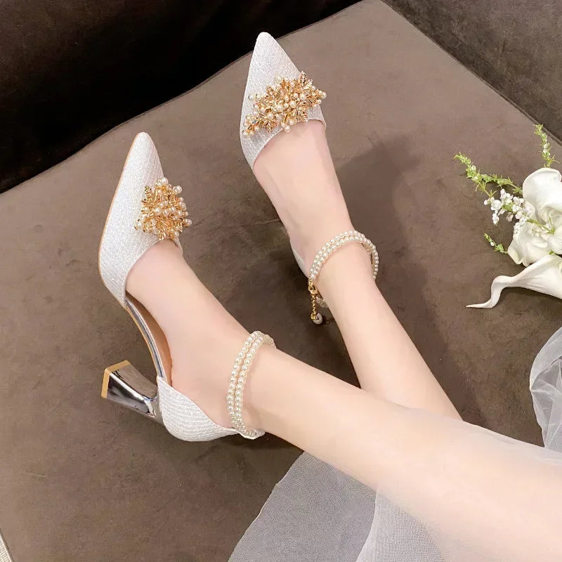 TrenLux Wear Women's Pointed Toe Metal Beaded High Heel Wedding Banquet Pumps