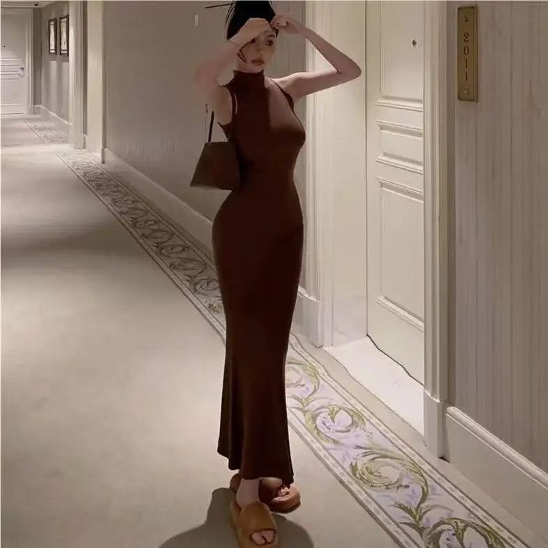 TrenLux Wear Women's Knit Turtleneck Bodycon Ankle-Length Maxi Dress