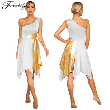 TrenLux Wear Women's Polyester-Spandex One-Shoulder Metallic Lyrical Dance Worship Dress