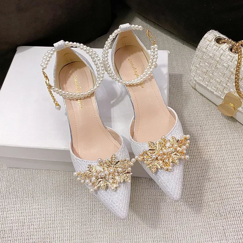 TrenLux Wear Women's Pointed Toe Metal Beaded High Heel Wedding Banquet Pumps