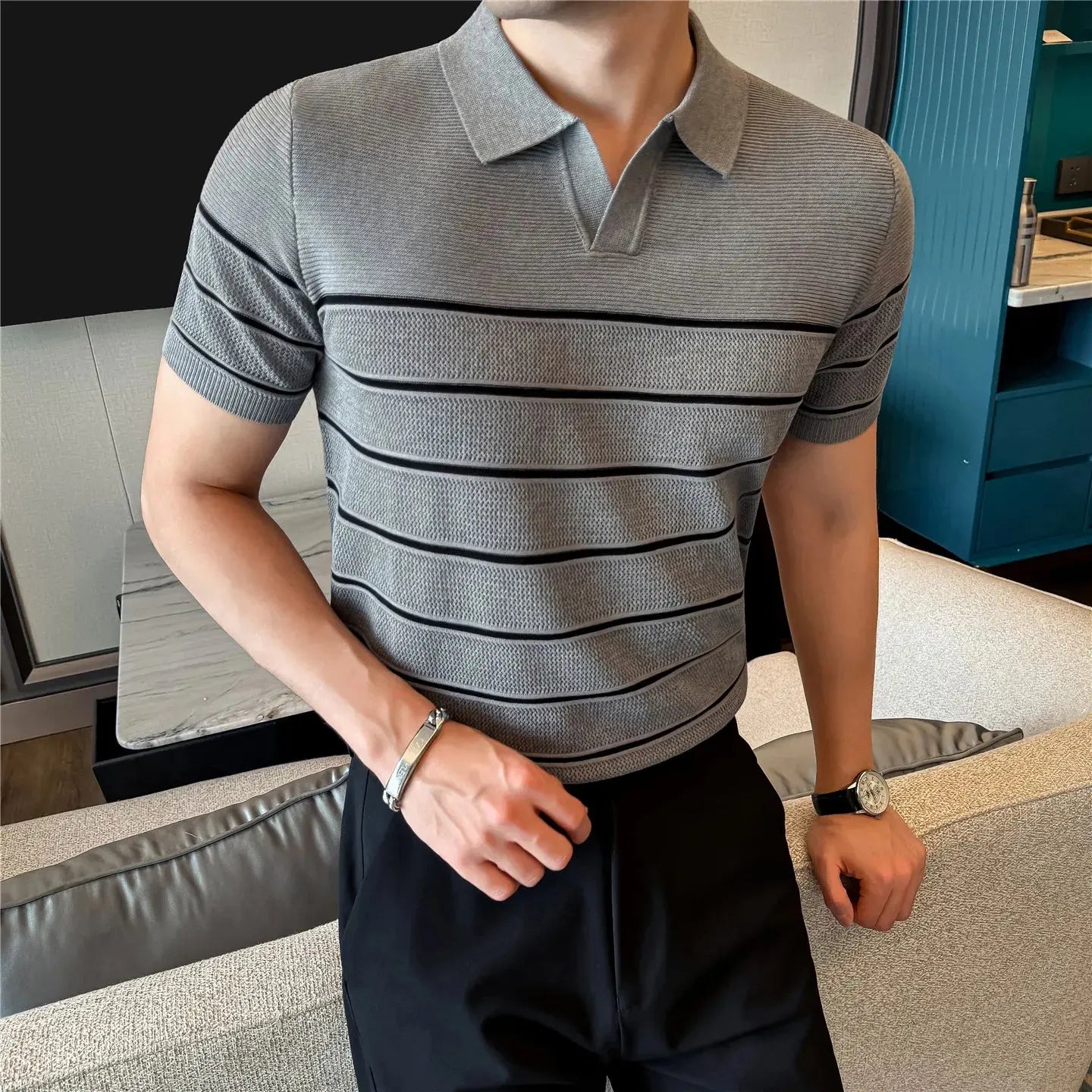 TrenLux Wear Men's Nylon-Viscose Slim-Fit Knitted Striped Turn-Down Collar T-Shirt The Glow Collective