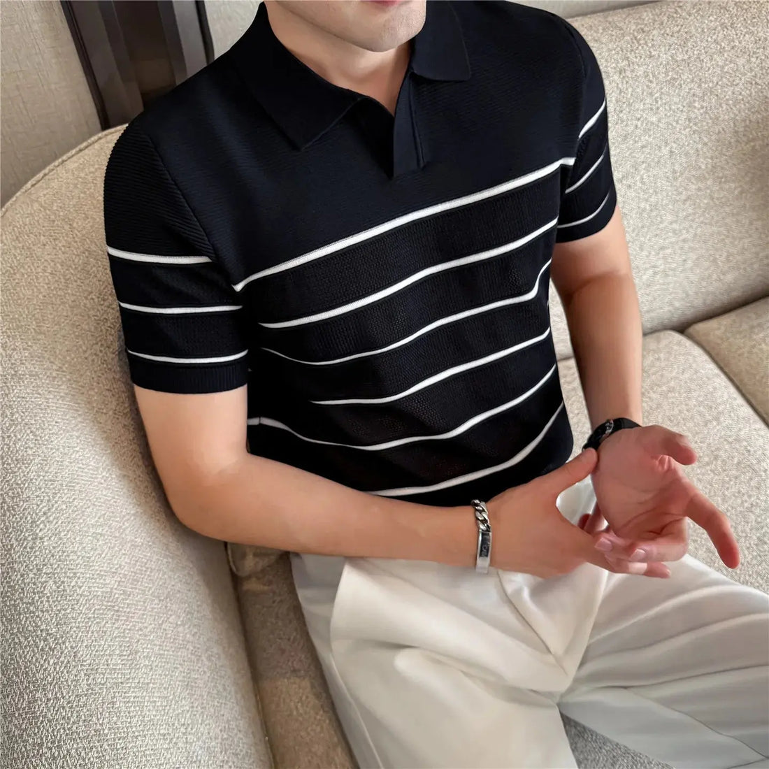 TrenLux Wear Men's Nylon-Viscose Slim-Fit Knitted Striped Turn-Down Collar T-Shirt The Glow Collective