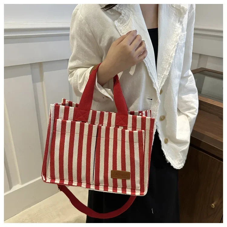 TrenLux Wear Women's Large Capacity Striped Canvas Versatile Commuter & Travel Tote Shoulder Bag